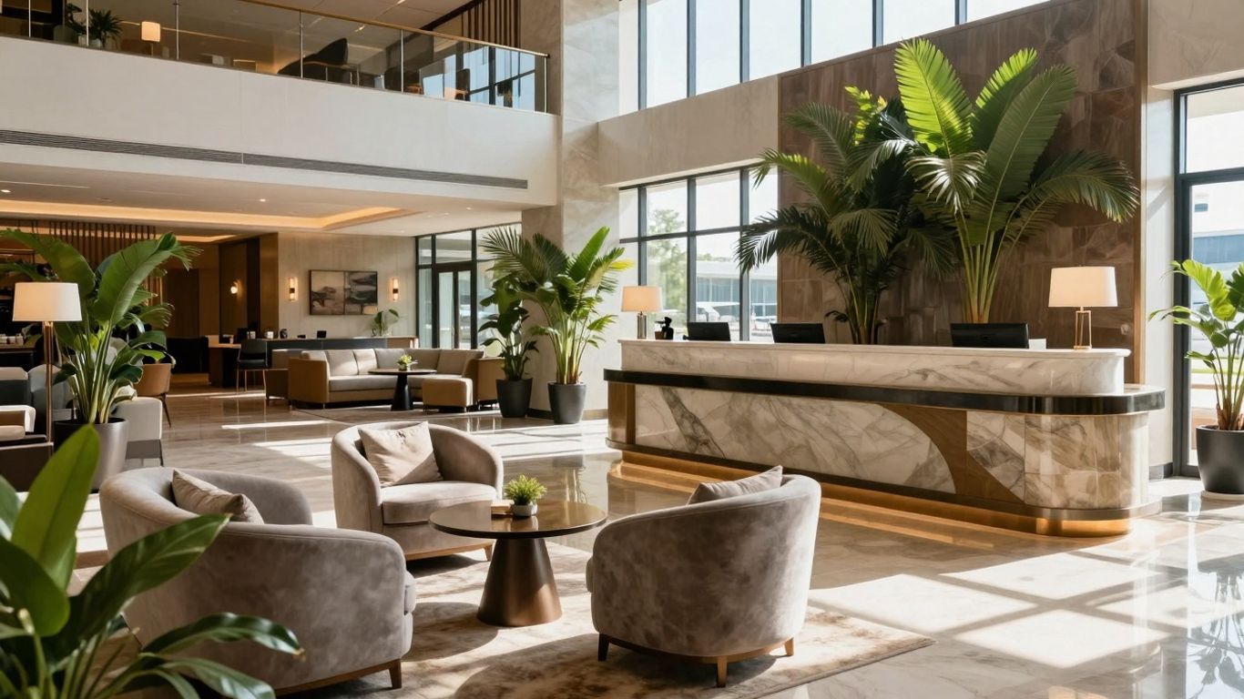 Modern hotel lobby with comfortable seating and natural light.