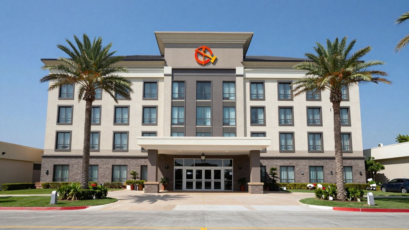 Hotel near Komodo Airport runway with palm trees.