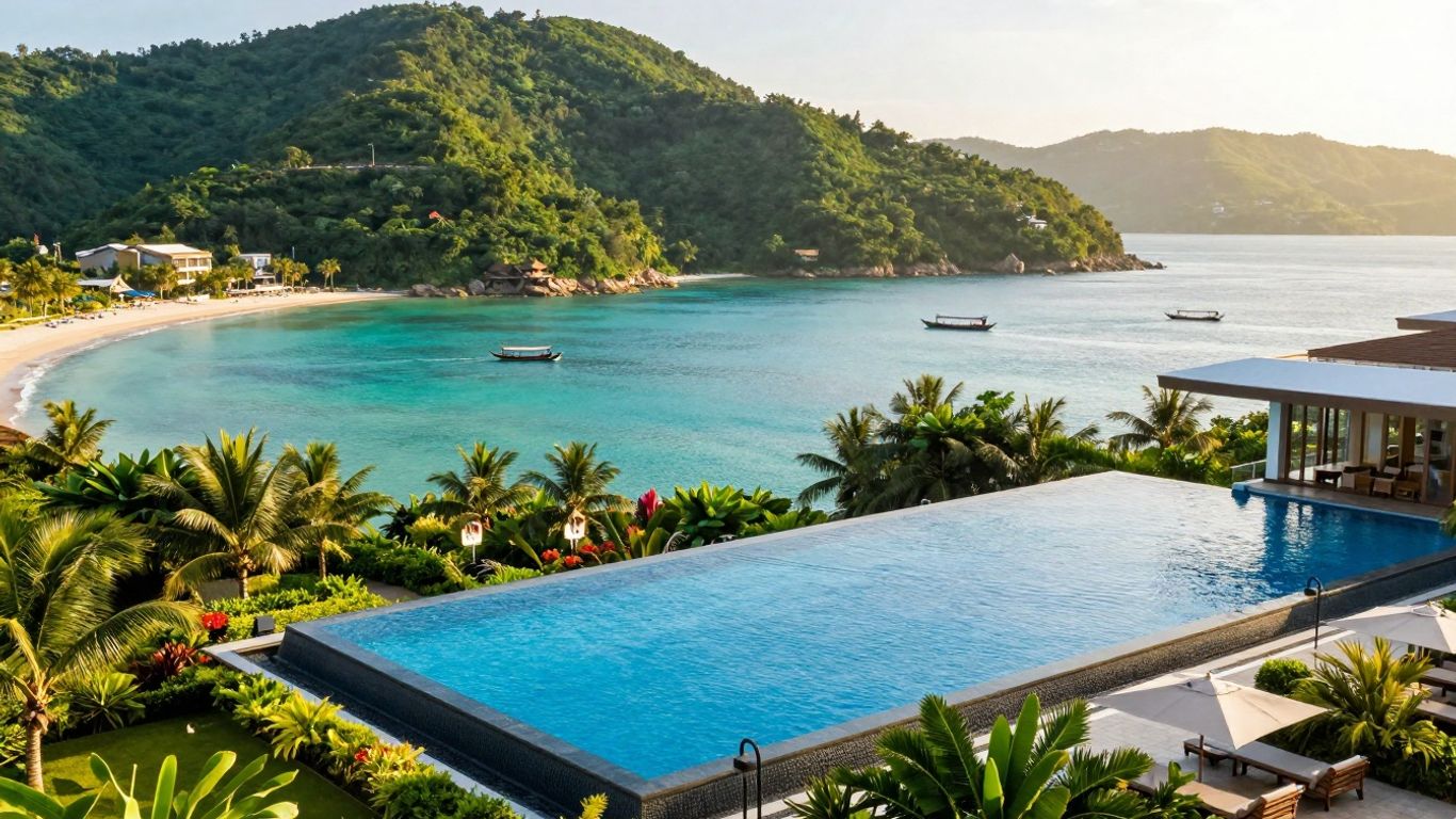 Hotel pool overlooking Labuan Bajo bay near airport