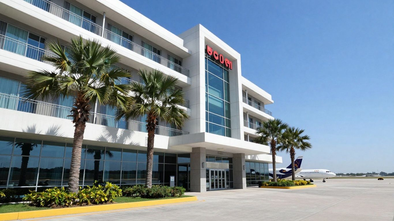 Airport hotel in Labuan Bajo with palm trees and airplane.