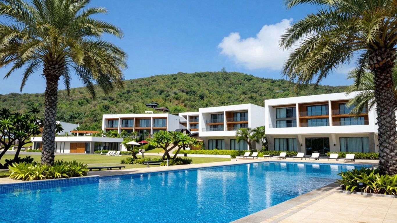 Hotel near Labuan Bajo airport with pool and hills.