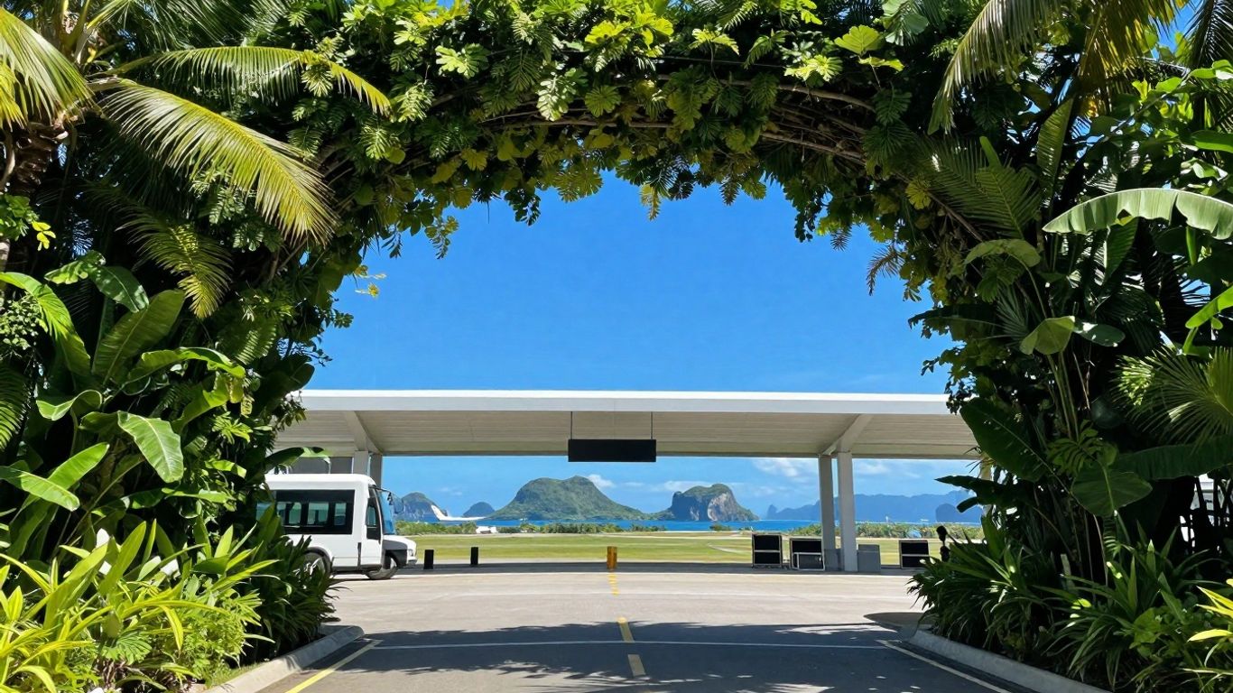 Komodo Airport terminal with tropical foliage and islands.