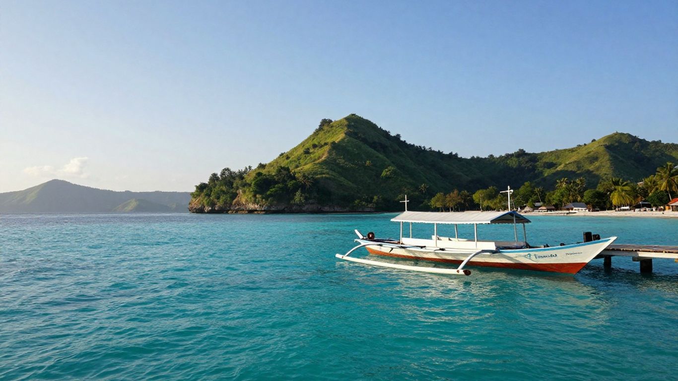 Labuan Bajo harbor with boats and islands.