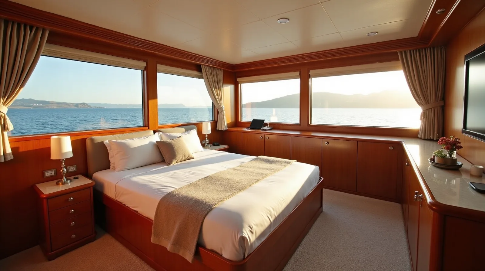 Master cabin with panoramic stern windows — 40m phinisi benchmark