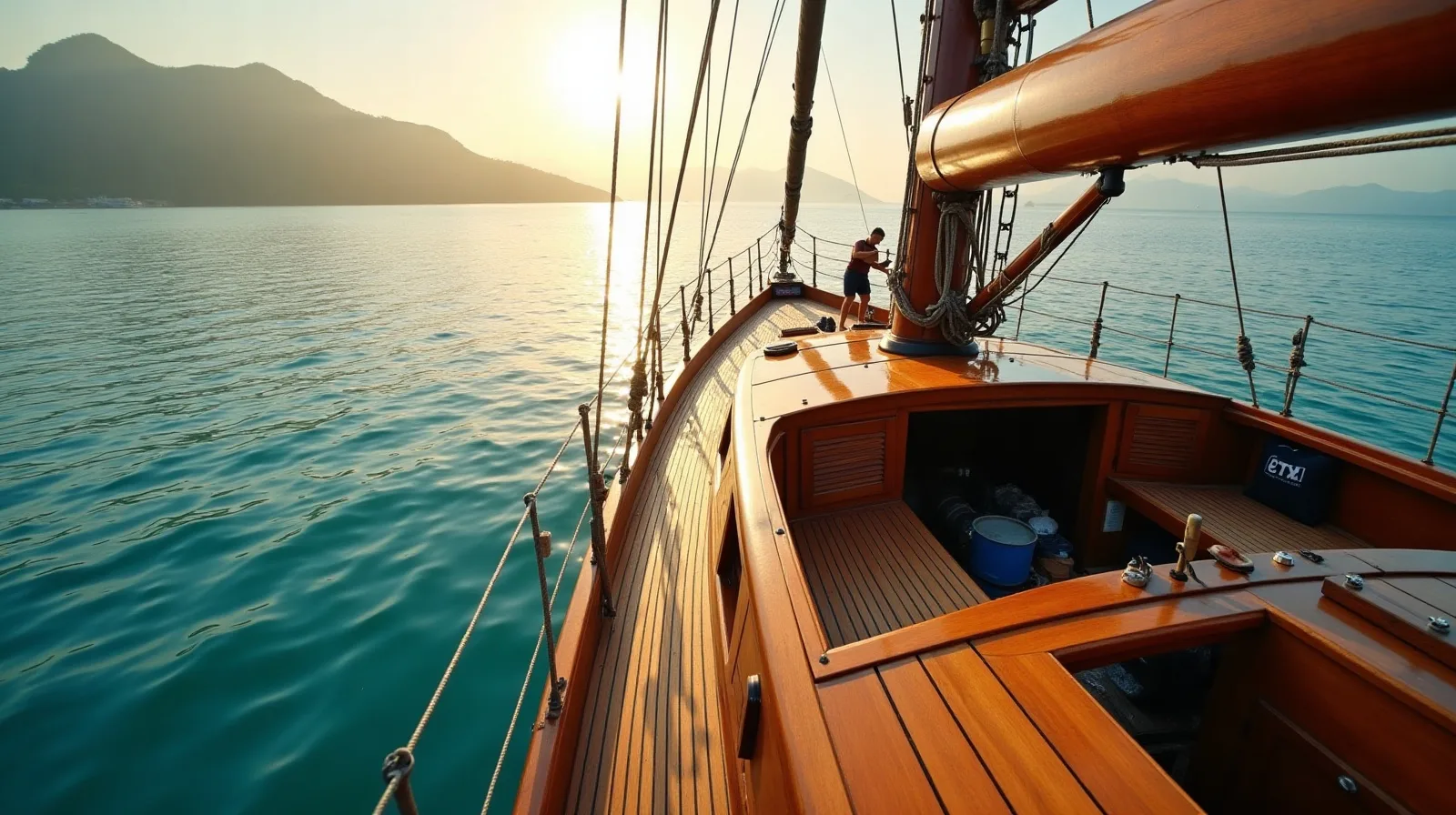 Crew maintaining teak deck of a moored luxury phinisi — annual running costs