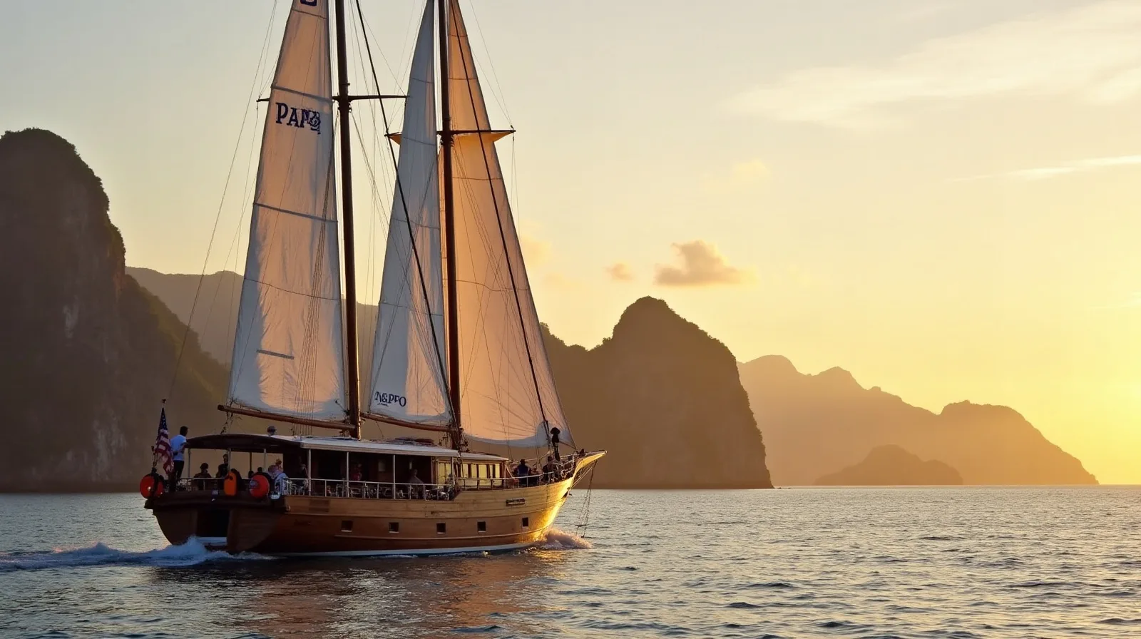 Luxury phinisi under sail with charter guests in Komodo — managed charter income