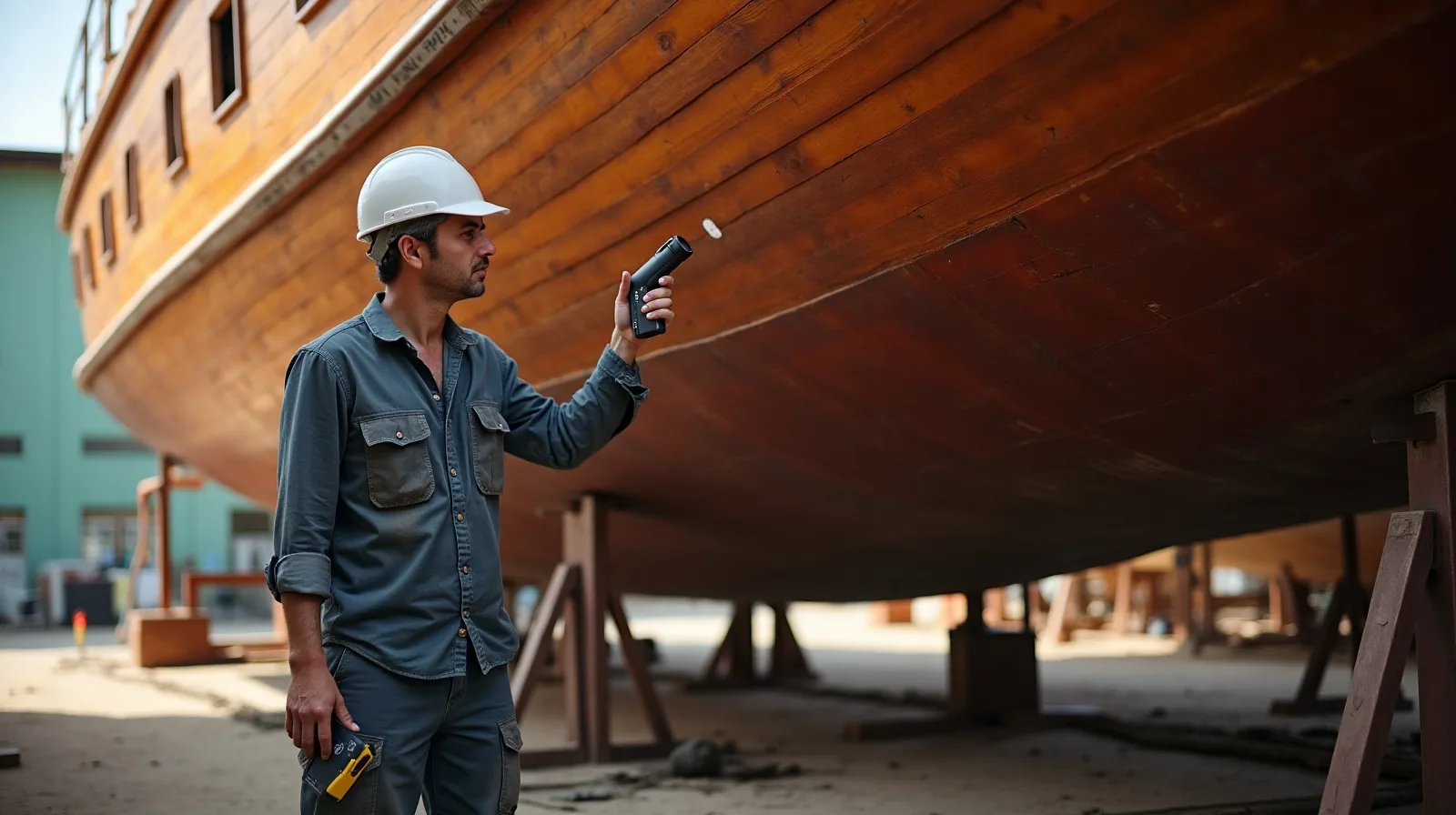 Surveyor checking hauled-out phinisi hull timbers with moisture meter