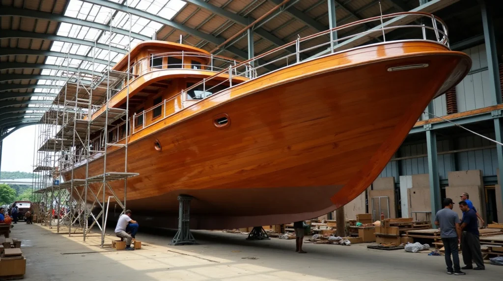 Luxury phinisi mid-refit at an Indonesian yard with deck and systems renewal underway