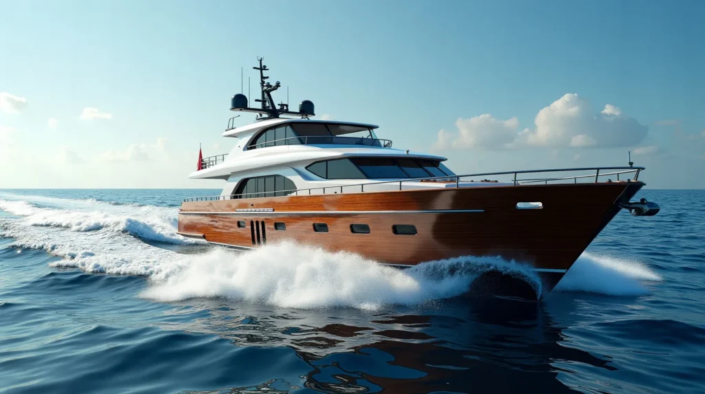 Luxury phinisi under way on sea trial with surveyor at the helm instruments