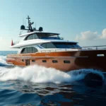 Luxury phinisi under way on sea trial with surveyor at the helm instruments